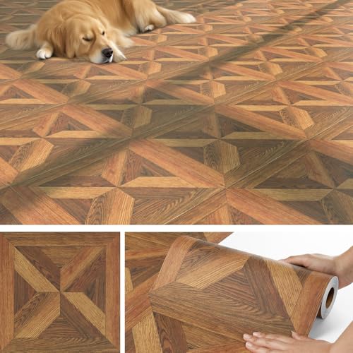 Livelynine Lino Sol Rouleau Effet Parquet Adhesif Sol Imitation Bois Retro Dalle PVC Adhesive Sols 30x120CM Carrelage Adhesif Salle de Bain Revetement de Sols...