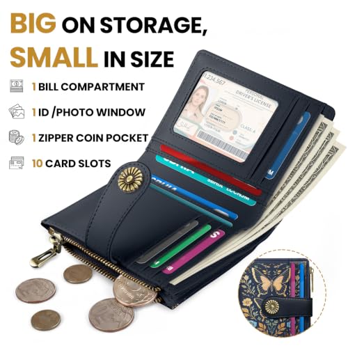 Image of Small Wallet for Women, RFID Blocking Bifold Card Holder Wallet with 10 Card Slots, Cash Compartment, Zipper Coin Pocket & ID Window, Cute Soft Vegan Leather Compact Wallet, Golden Butterfly