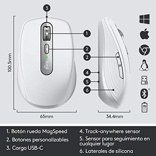 Image of Logitech MX Anywhere 3 Compact Performance Mouse Wireless, Magnetic Scrolling, Ergonomic, 4000DPI Sensor, Custom Buttons, USB-C, Bluetooth, Apple Mac, iPad, Windows PC, Linux, Chrome - Pale Grey