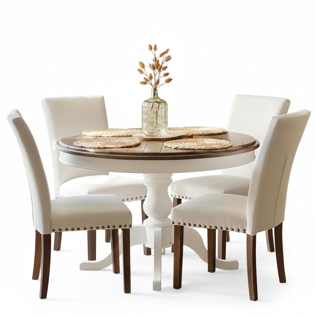 COLAMY Upholstered Parsons Dining Chair Set of 4 Fabric Dining Room Kitchen Side Chairs with Nail Head Trim and Wooden Legs Beige