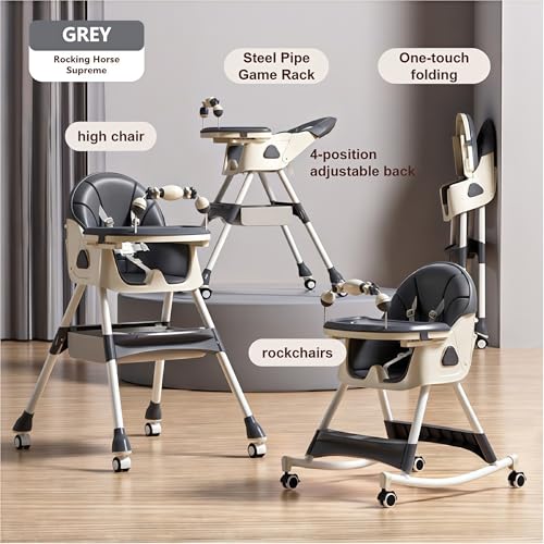 Image of Nine point nine PU Leather High Chairs with Rocking Mode, High Chair for Babies and Toddlers, Easy to Fold Highchair, Adjustable Highchairs with Double Tray (560 Grey)