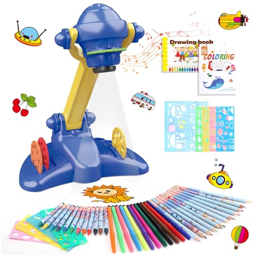 Regalos para Niños Proyector Dibujos para Niños con 72 Motivos Juguetes Niños Juguete Proyector con Música Con Lápiz, Libro para Dibujar, Libro para Colorear Animales Marinos, Regla para 3 4 5 6 Años