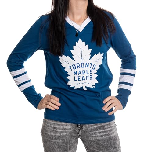 Calhoun NHL Women's V-Neck Varsity Long Sleeve Shirt (Toronto Maple Leafs, Medium)