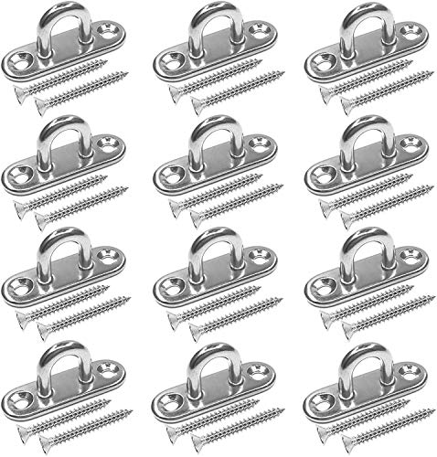 Hushtong 12 Pack 1.8Inch Pad Eye Plate U Hooks,Stainless Steel Ring Hooks M5 Ceiling Hooks Snap Hooks,Marine Hardware Staple Hook Loop with Screws