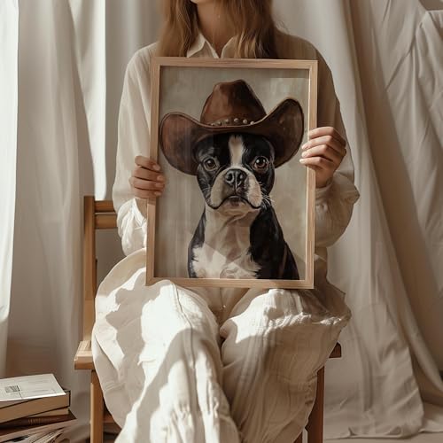 Image of aj decor Boston Terrier Cowboy Hat Wall Art Print Poster, Dog Pet Lover Picture Painting Artwork Bedroom Living Room Office Dining Room 150D (Boston Terrier Cowboy Hat, 11 inch W x 14 inch L, Wood Frame)