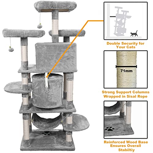 Negtte Cat Tree Tower For Indoor Cats,67 Inches Extra Large Multi-Level Cat Condo With Sisal Scratching Posts For Large Cats Kitty Play House,Light Gray #TOP1