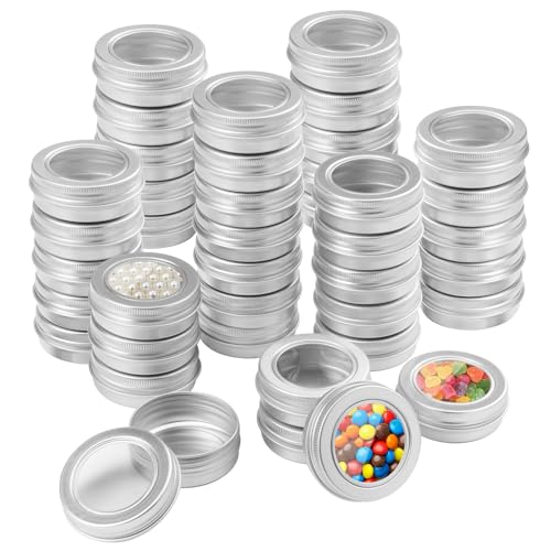 Biugaaufai 80 Pieces 1 oz Tin Cans with Clear Window, Round Metal Tins Screw Top,1 oz Metal Round Cans with Clear Lid for Kitchen Office Candles Candies and Gifts Holding