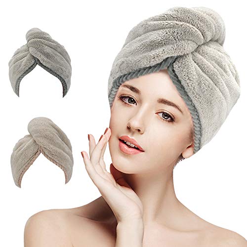 2 Pack Hair Towel Wrap, Microfiber Hair Towel, LEARJA Anti Frizz Absorbent & Soft Shower Head Towel, Rapid Dry Hair Towels, Long & Curly Hair Towels(Khaki & Gray)