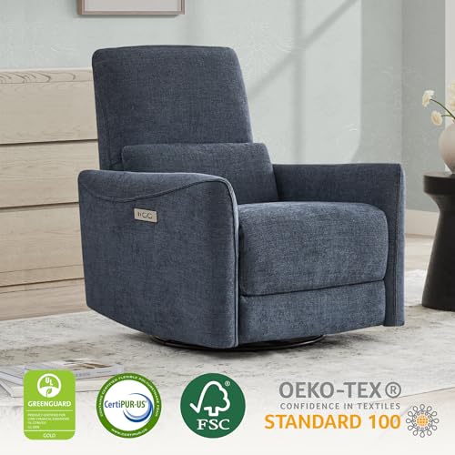 Image of CHITA Power Swivel Glider Recliner Chair, Nursery Glider, Fabric Ink Blue | FSC Certified Upholstery Rocking Chair, Power Lumbar Support, Reclining Chair for Living Room & Nursery