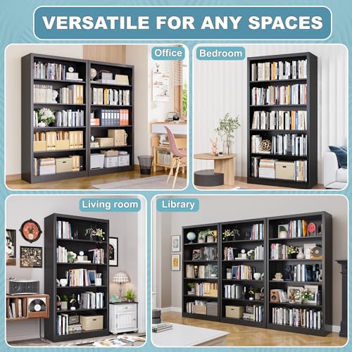 Image of 66 inch Tall Metal Bookcase, 5 Shelf Heavy Duty Bookcase with Adjustable Shelves, Large Book Storage Shelf for Living Room, Home Office, Library, Black