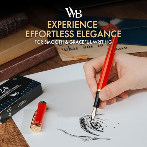 Image of Wordsworth & Black Fountain Pen Set for Writing,Extra Fine Nib, Red | Gift for Men & Women, Brass Body, 18K German Iridium, Calligraphy, Converter + 24 Ink Cartridges, Refillable, Leak-Free