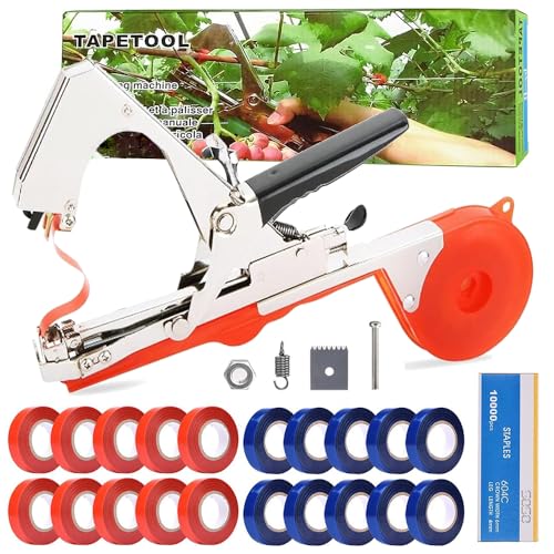 Pflanzenbindemaschine Bindezange für Pflanzen Pflanzenbindegerät mit 10000 Stück Nägel und 20 Rollen Farbiges Gartenband Garten Bindemaschine Tapetool Bindezange für Obst Bäume und Gemüse(Rot)