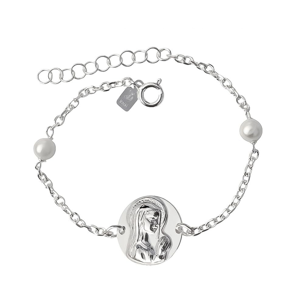 Bracciale in argento sterling 925 per ragazza vergine Prima Comunione 14,5 cm. Medaglia da 14 mm. 2 perle 5mm.