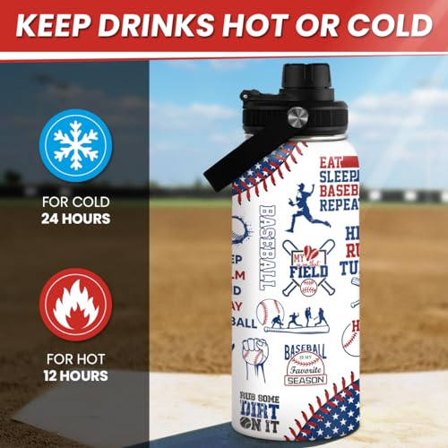 Image of Baseball Water Bottle - 32oz Stainless Steel Insulated Sport Bottles with Lid - Men Baseball Lover Player Fan Coach