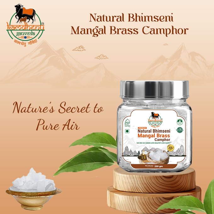 Image of Lab Tested Natural Edible Pacha Bhimseni Mangal Brass Camphor | 100% Pure Organic Solid Kapoor for Electric Diffuser, Havan, Aromatherapy | Premium Glass Jar (250gm)