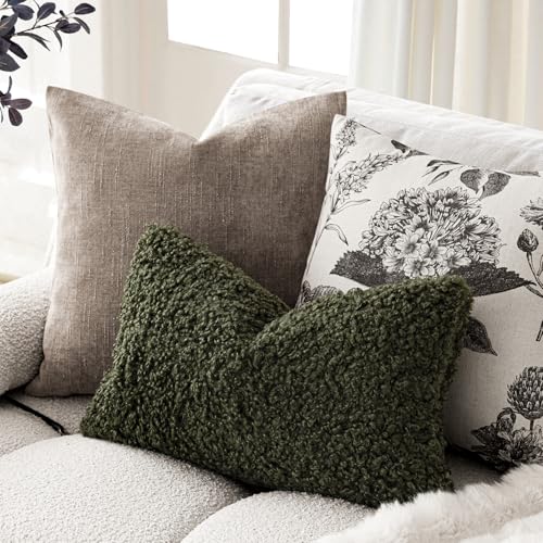 Image of Foindtower Set of 2 Curly Teddy Wool Pillow Covers Decorative Boucle Textured Lumbar Throw Pillow Faux Fur Sherpa Pillowcases Sheepskin Fuzzy Cushion Case for Sofa Bedroom Car 12 inchx20 inch Olive Green