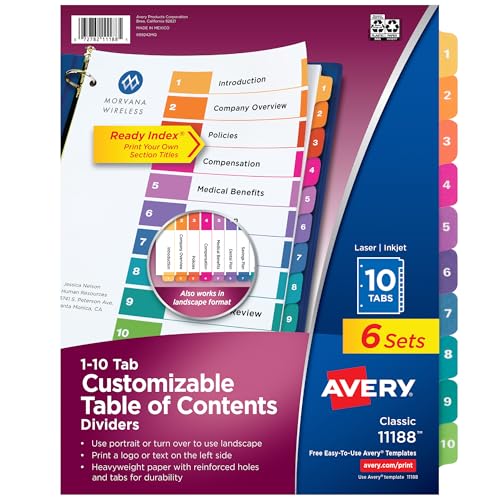 Image of Avery 10 Tab Dividers for 3 Ring Binders, Customizable Table of Contents, Multicolor Tabs, 6 Sets (11188)