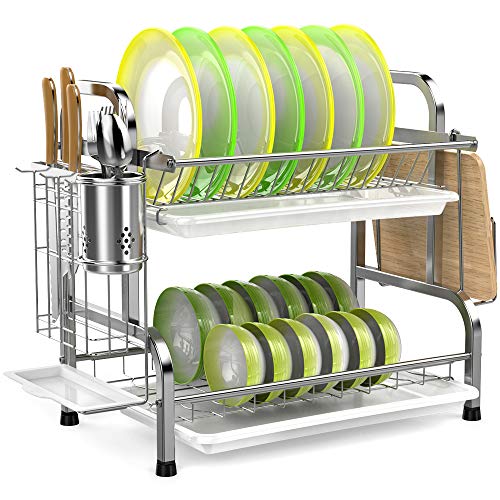 Dish Drying Rack, iSPECLE 304 Stainless Steel 2-Tier Dish Rack with Utensil Holder