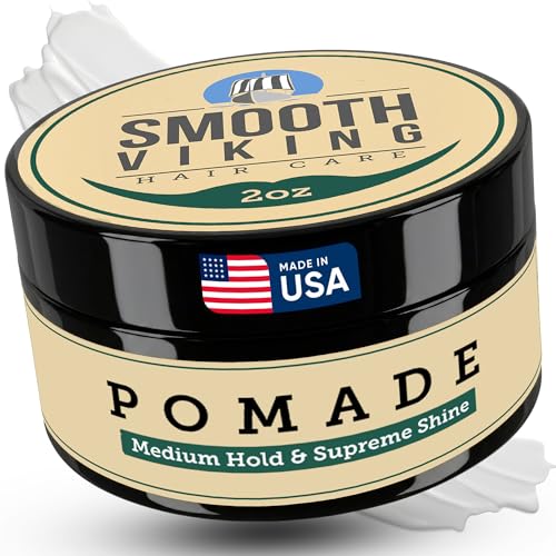 Smooth Viking Medium Hold & High Shine Pomade - Water Based Hair Cream for Curly, Thick & Straight Hair - Men's Hair Product - Made in USA, 2oz