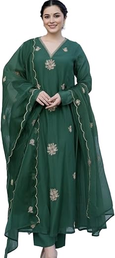 Nermosa Women Embroidery Solid Anarkali Kurta and Pant Set with Dupatta