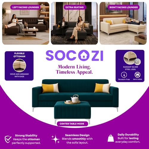 Image of SOCOZI Anton 4 Seater L Shape Sofa Set with Movable Ottoman | Flexible Left or Right Layout | Soft Velvet Suede Fabric | Modern Design | Plush Comfort Cushion for Living Room (Greenish Teal)