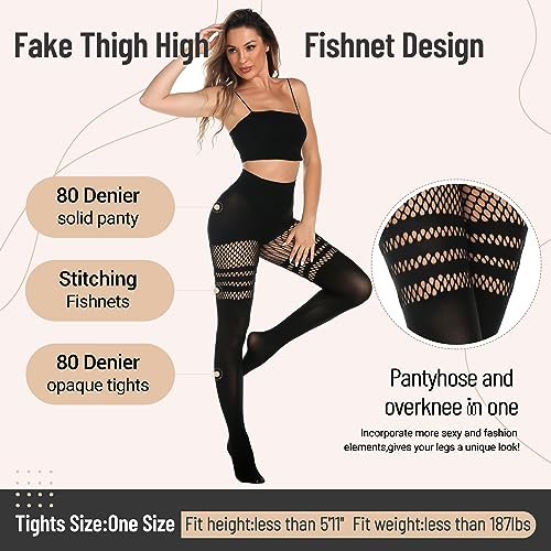 MANZI Womens Faux Thigh High Fishnet Stockings Stitching Opaque Pantyhose Mock Over the Knee Goth Striped Suspender Tights