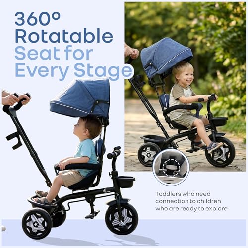 Image of R for Rabbit Tiny Toes R40 Ace Tricycle for Kids with Parental Control, EVA Wheels, Bell, Adjustable Canopy & Storage Basket | 360 Reversible Seat | Baby Trike for 2-5 Year | Upto 25Kg (Denim Blue)