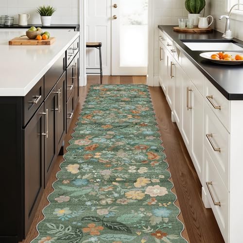 Washable 2'6x12 Hallway Runner Rug: Soft Entryway Kitchen Floral Runners Non Slip Water Resistant Nursery Bathroom Floor Mat Light Weight Carpet for Living Room Bedroom (2'6x12 Floral/Green)