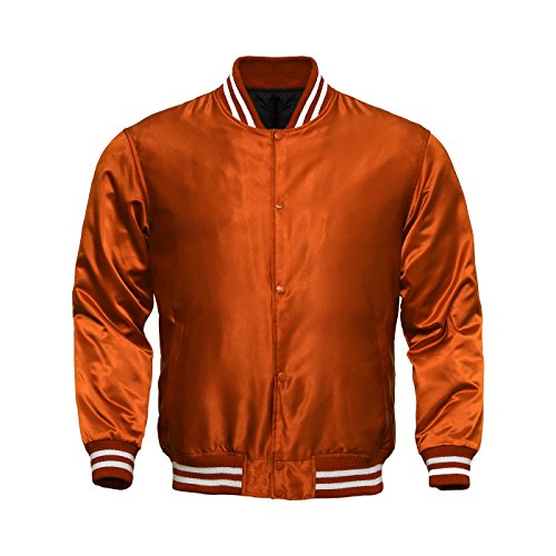 Genz Men Women Bomber Jacket Satin Polyester Vintage Army Biker Retro Zip Up Casual Coat (ORANGE, SMALL)2