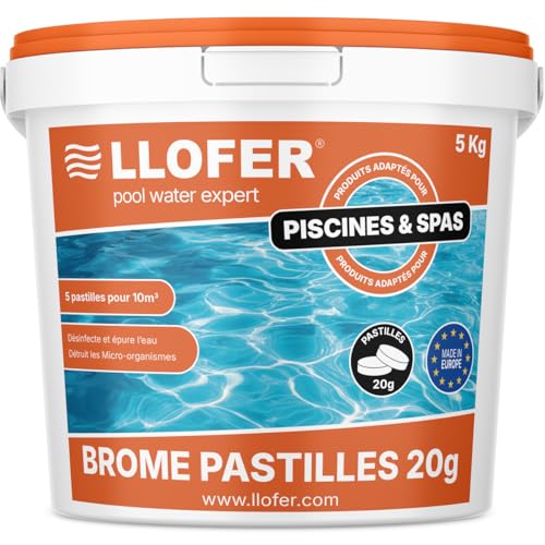 Llofer - 5kg Pastilles de Brome 20g - Dissolution Lente & Traitement Longue durée - Désinfection sans Odeur de Chlore - Aussi Efficace Que Le Chlore - Haute tolérance...