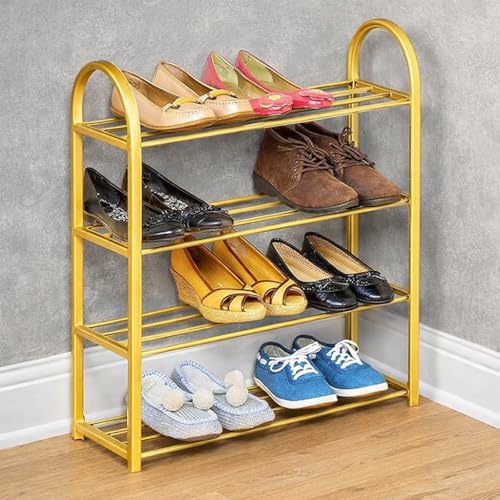 Image of Premium 4-Tier Metal Shoe Rack Organizer | Elegant Space-Saving Shoe Stand for Home & Entryway | Heavy-Duty Steel | Stores 8-12 Pairs (Gold, 4)