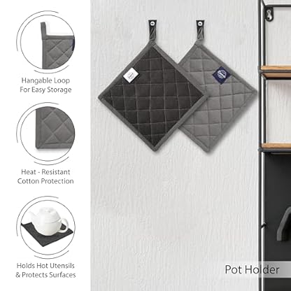 Encasa XO Küchen- und Geschirrtücher – Ofenhandschuhe – Topflappen-Set mit 12 Stück – Reine Baumwolle – Geschirrtücher Graue Kombination – Bild 6