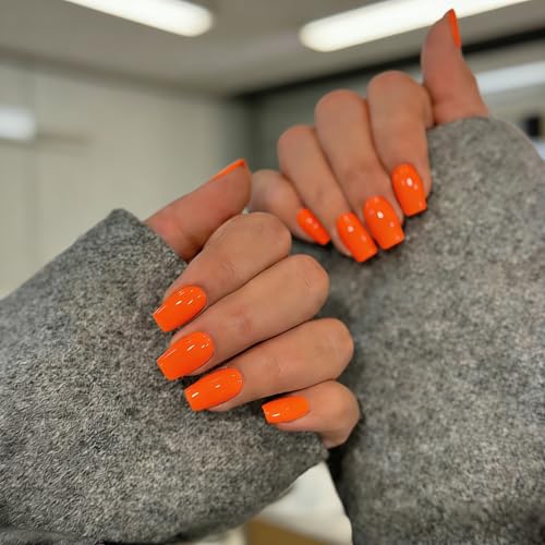 KQueenest Orange Press On Nails Mittel Eckig, Sarg Nägel zum...