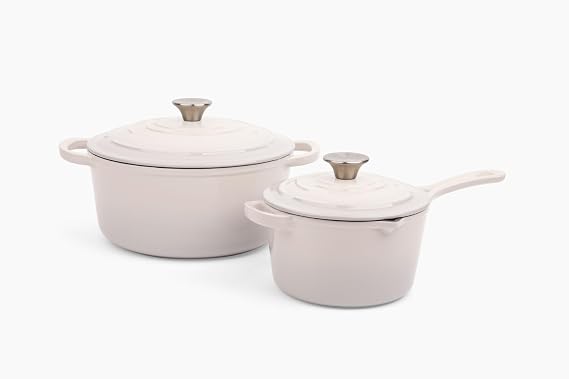 Larder & Vine 4-Piece Enameled Cast Iron Set, Oven Safe and Suitable for All Cooktops includes 5.7 Quart Dutch Oven Pot with Lid and 2.2 Quart Saucepan with Lid (Stone)