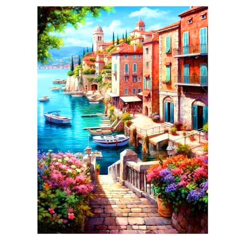 HANNEA 5D Diamond Painting Kits Full Drill Painting by Number Kits for Adults & Beginners Diamond Painting Art Kits DIY Rhinestone Art Craft Set for Home Wall Decor Lakeside Town 12x16 Inch