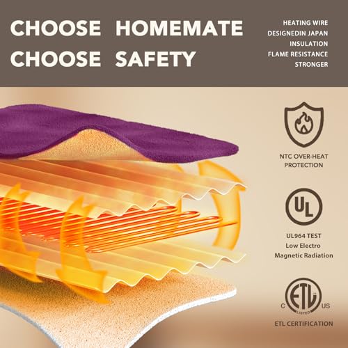 Image of Homemate Electric Heated Blanket Twin Size - 62 inchx84 inch Heating Bed Blankets Throw with 8 Hours Auto Off 10 Heating Levels Fast Heating Over-Heated Protection Soft Warm Flannel Bed ETL Certified Purple