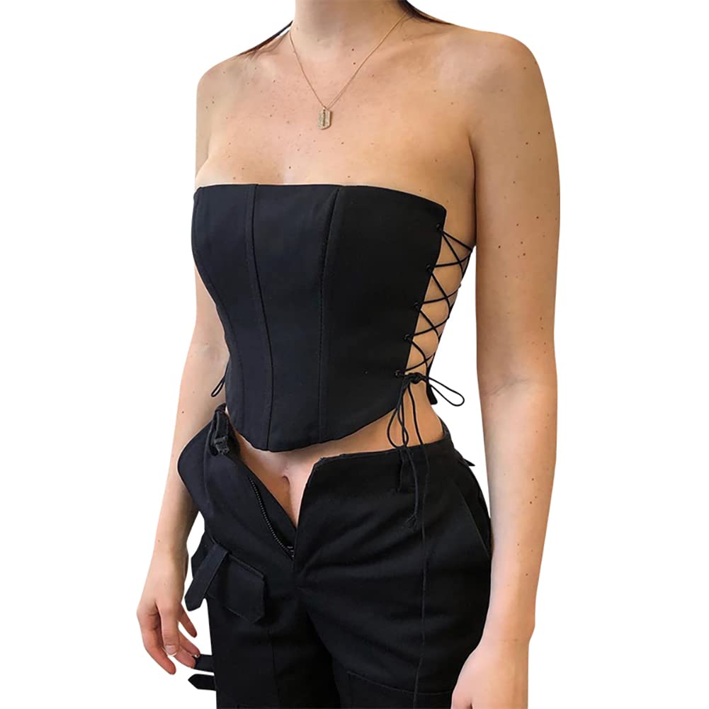 Womens Tube Top Sexy Tank Camisole Lace-up Side Bustier Black T-shirts Cool Summer Wear