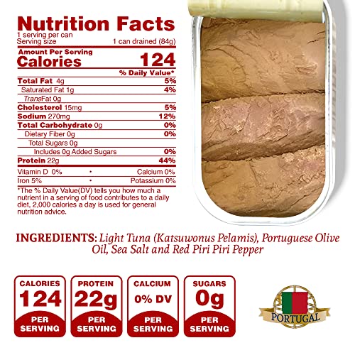 Image of Santo Amaro - Artisanal Wild Tuna Fillets in Olive Oil & Red Piri Piri Pepper, Pole & Line Caught Tuna from Portugal, Hand-Packed Beira-Style Canned Tuna Fish, 22g Protein Keto, Low Mercury, Pack of 6