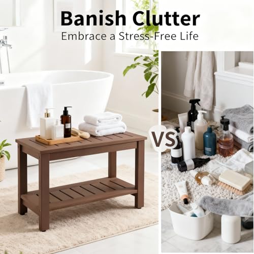 Image of Psilvam 28 inch Waterproof Poly Lumber Shower Bench with Storage Shelf, Brown