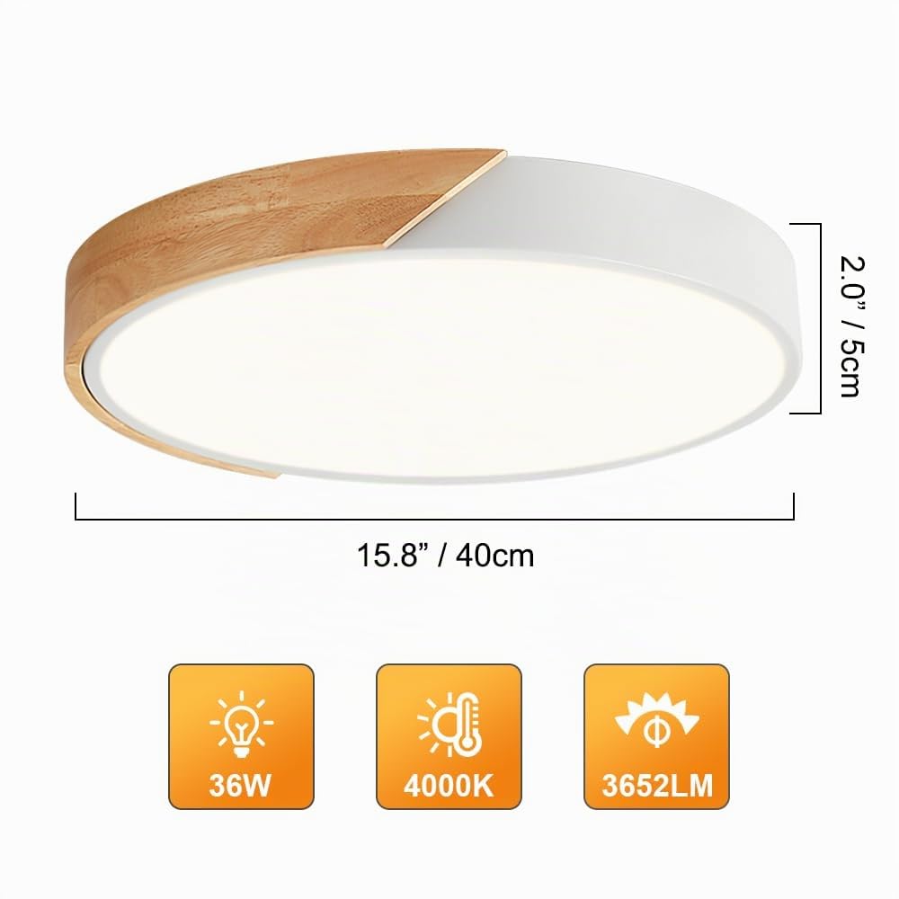 LED Deckenleuchte,Deckenlampe 40cm Runde Holz, Moderne Lampe Weiße Deckenlampe, 36W 4000K deckenleuchten, für Wohnzimmer, Schlafzimmer, Büro, Küche, Flur, Kinderzimmer