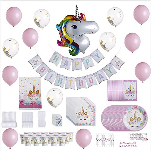 TellementHappy® - Kit de decoración de cumpleaños con unicornio, 164 unidades con globo, color rosa y blanco, purpurina, vajilla desechable, kit de cumpleaños con regalos 12 invitados
