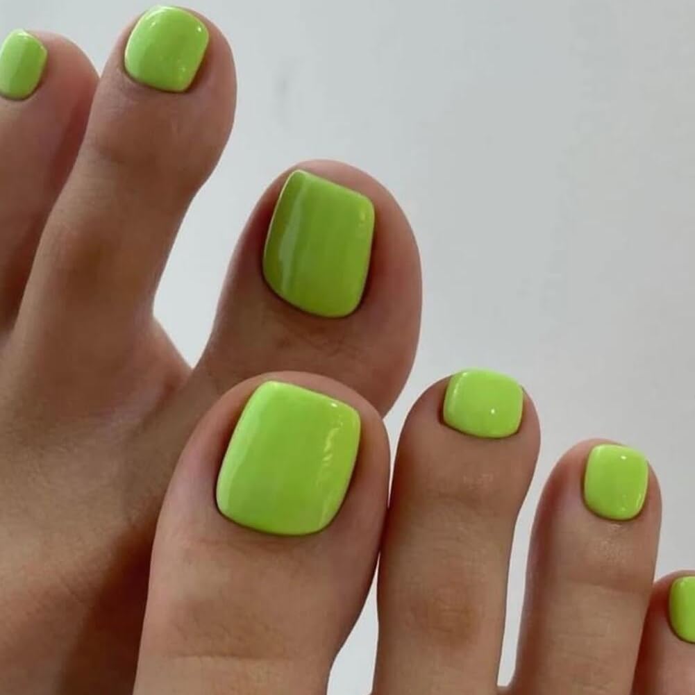 KQueenest Neon Green Toe Nails False Short Square, Glossy Gel Fake Toe Nails, Pure Color Press on Toes Nail - Image 2