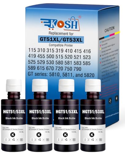 Image of KOSH Refill Ink Bottle Compatible for HP Deskjet 5810,5811,5820,5821,5822, Inktank Wireless 310,315,316,319,410,415,416,419,Smart Tank 115,500,510,515,516,720,750,790 Printers (GT53XL 135MLx 4)