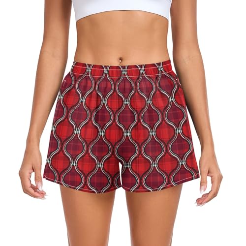 Caihoyu Pantalones cortos deportivos a cuadros rojos para mujer, cintura elástica, para ciclismo, descansar, correr, playa, talla S, Rojo Plaid, Large