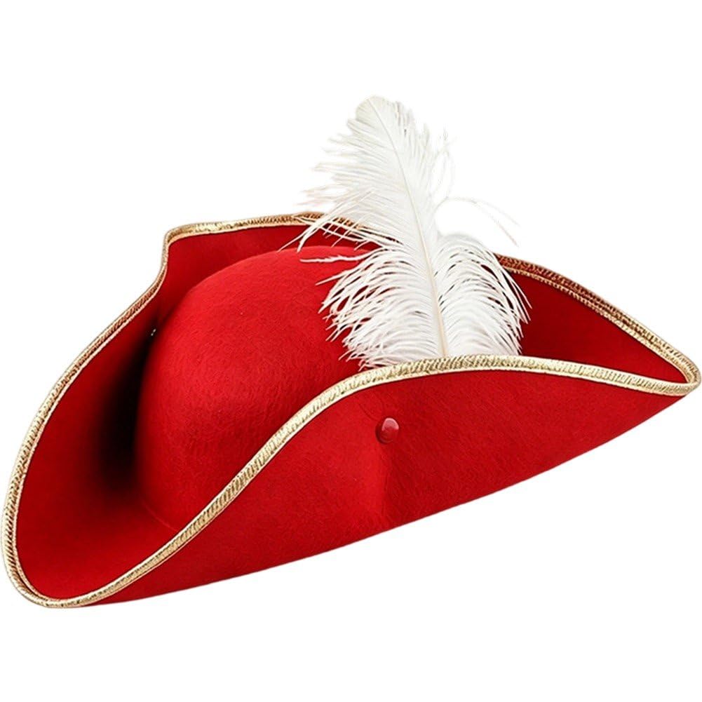 Sslvya Red Pirate Hat, Colonial Tricorn Hat with Gold Trimming for Adults Halloween Renaissance Costume Accessory