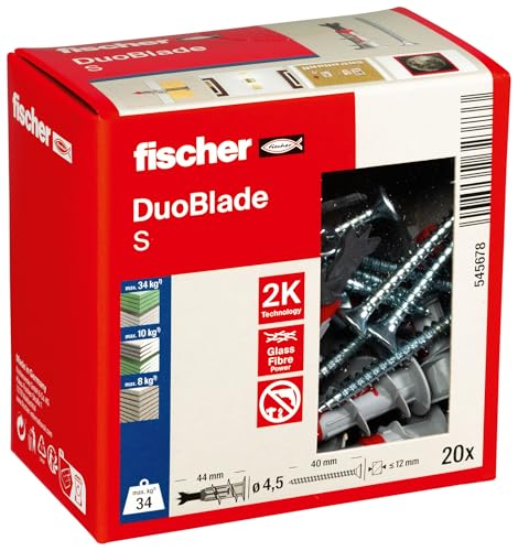 fischer DuoBlade S selbstbohrender Gipskartondübel mit Spanplattenschraube starker Dübel für einfache Montage in Gipskarton- und Gipsfaserplatten Zentrierspitze aus Metall 20 Dübel + 20 Schrauben