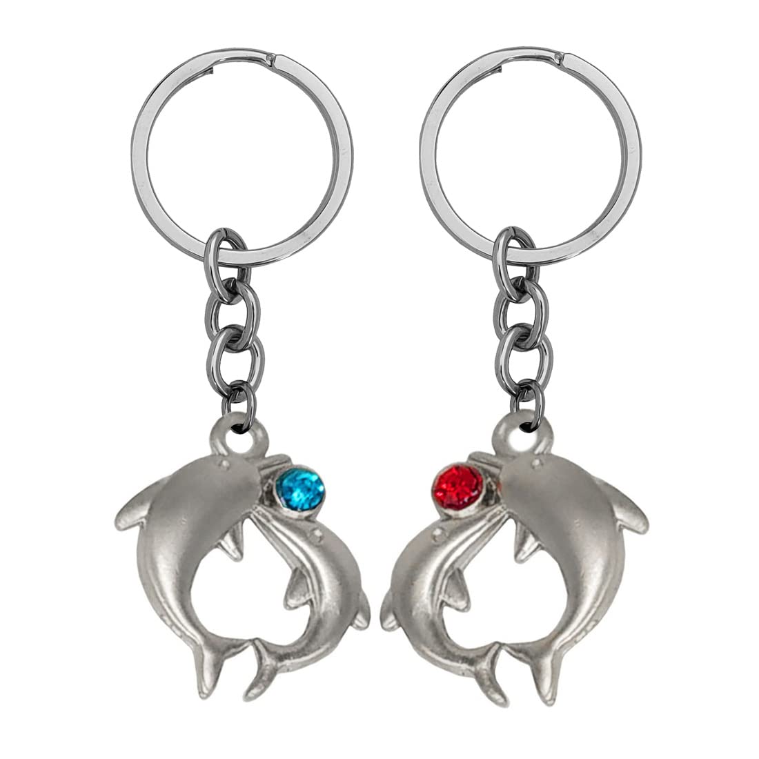 M Men StyleDolphin Fish Red And Blue Stone Set Of 2 Keychain Keyring Car Bike Home Office Birthday Gift To Friends Silver Zinc Metal Love Keychain For Men And Women