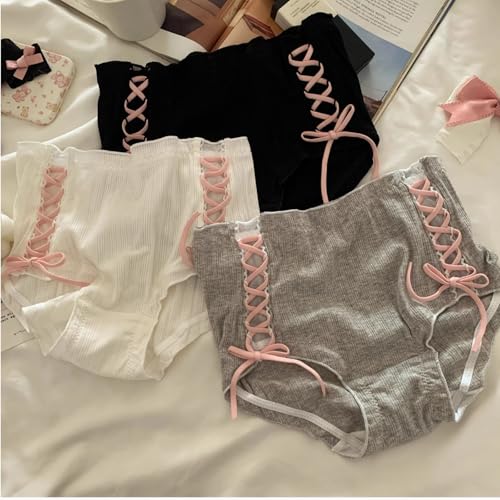 Breathable Cotton Underwear for Teen Girls Cute Bow Tie Panty Set Japanese Style Frill Trim Mid Waist Brief3