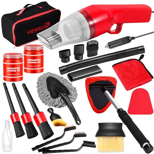 Viewsun 17PCS Car Cleaning Kit, Car Interior Detailing Kit with Red High Power Handheld Vacuum, Detailing Brush Set, Windshield Cleaner, Cleaning Gel, Complete Auto Accessories for Women