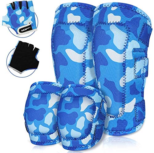 VUP Kids Protective Gear Soft Knee and Elbow pads for kids with Gloves Suitable for Cycling Scooter Bike Skateboard Skating Rollerblading (Camo-blue, L)